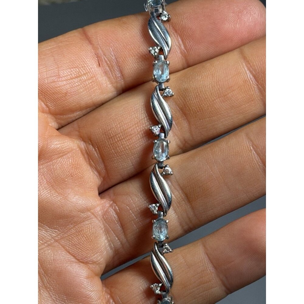 925 Sterling Silver Blue Topaz CZ Link Tennis Bracelet 8” Thailand 13.77g